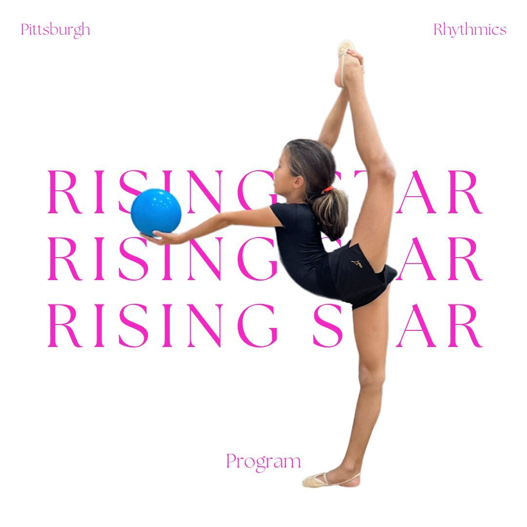 Young gymnast holding a blue ball, in a high split, with pink text