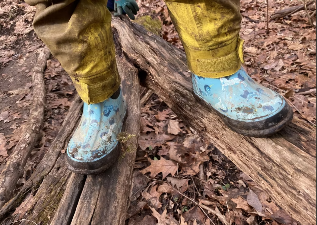 Child wearing blue muddy boots and yellow pants balances on a log in a forest.