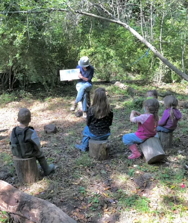 A group of children listen to a story in a forest setting.