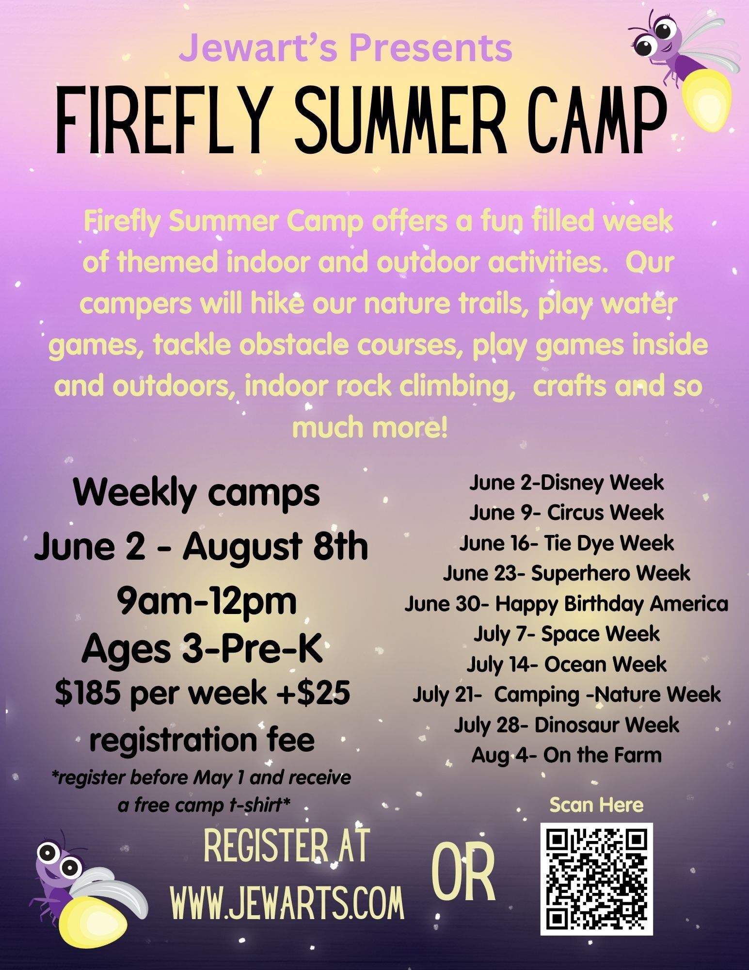 Flyer for Firefly Summer Camp: Weekly camps for ages 3-Pre-K with themed activities.