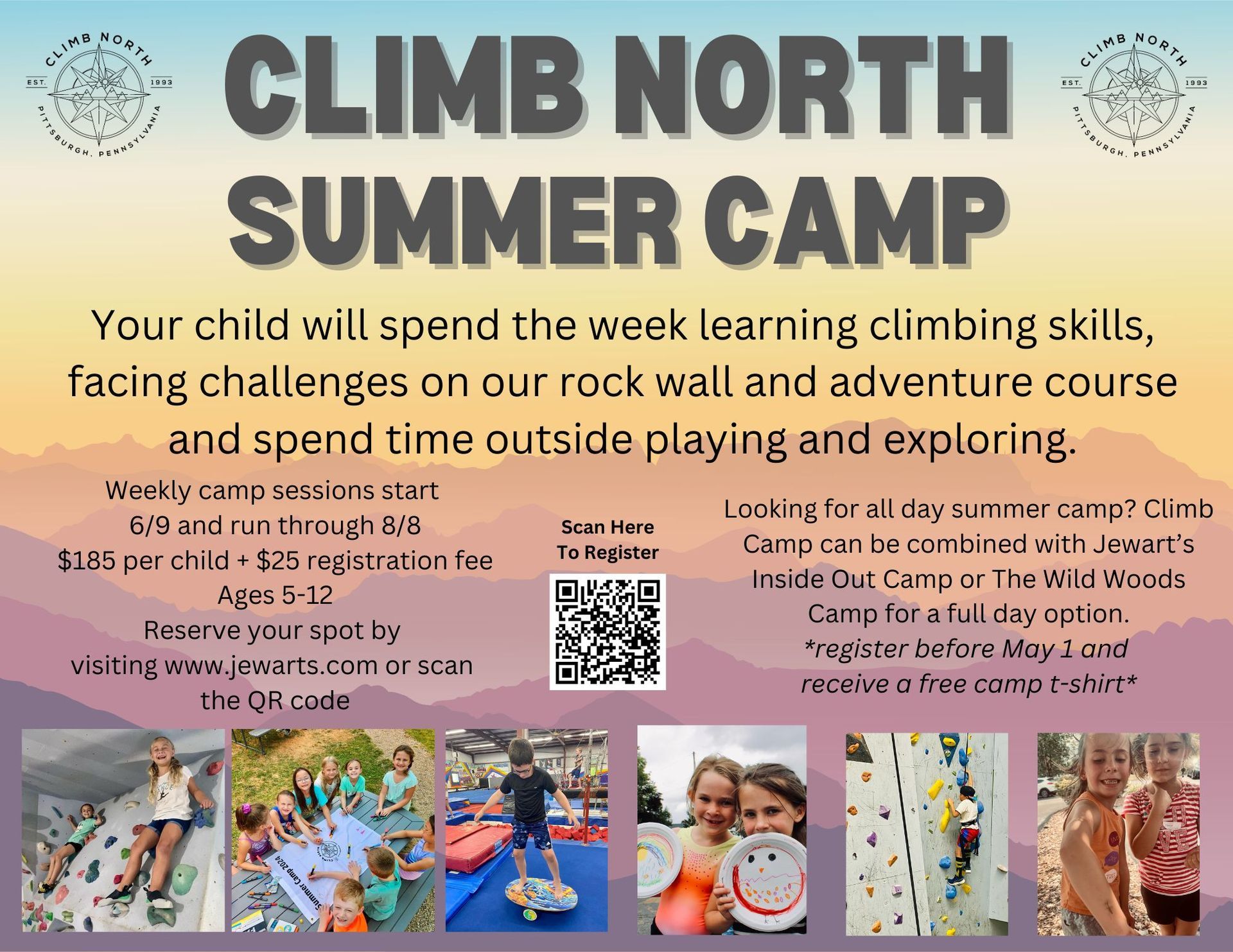 Advertisement for Climb North Summer Camp: kids learning climbing skills, playing outside, and on adventure course.