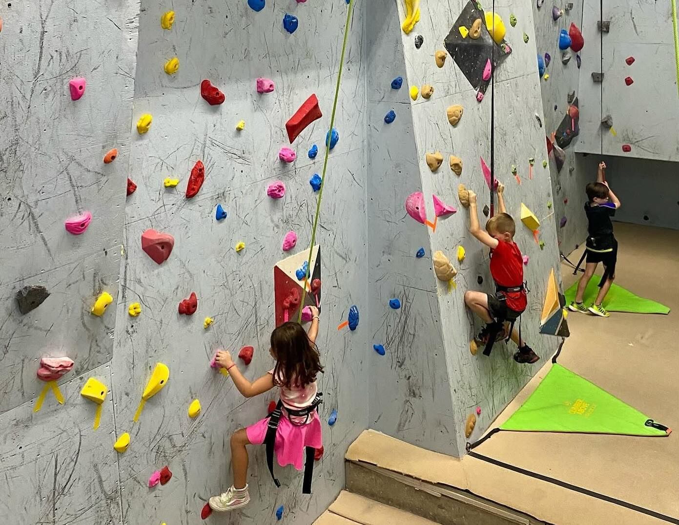 Children climbing colorful indoor rock walls.