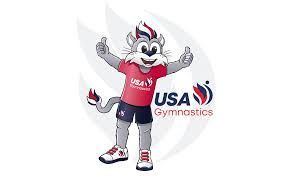 USA Gymnastics mascot, a gray lion with thumbs up, wearing a red shirt, shorts, and sneakers.