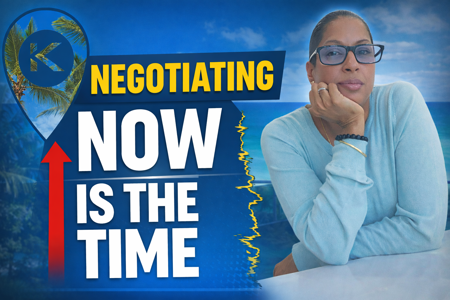 A person in a light blue sweater leans on their hand against a blue background with text: 