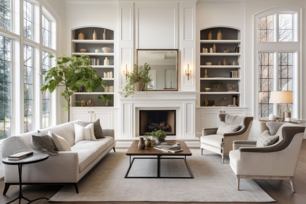 Bright, elegant living room with white walls, large windows, fireplace, built-in shelves, and neutral sofas