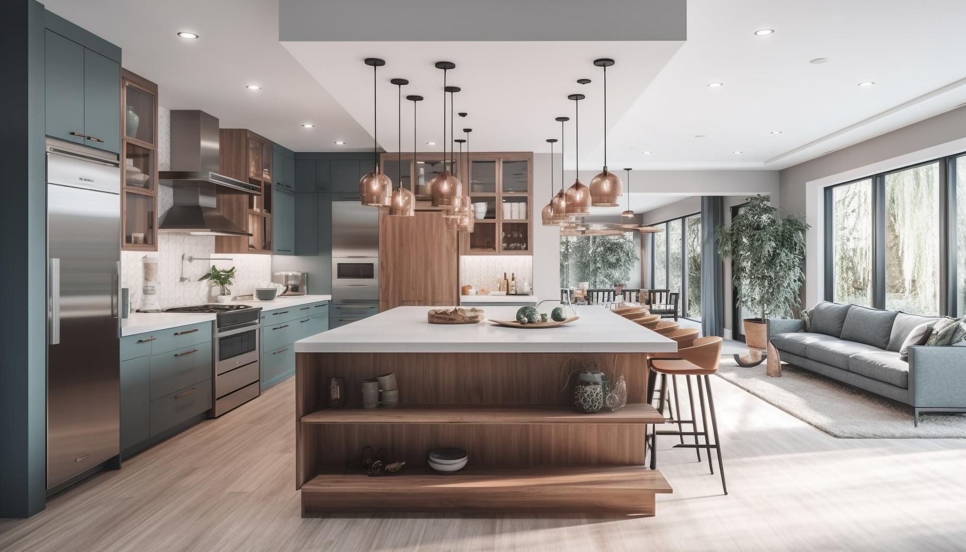 Modern open-plan kitchen and living room with island, pendant lights, gray sofa, and large windows