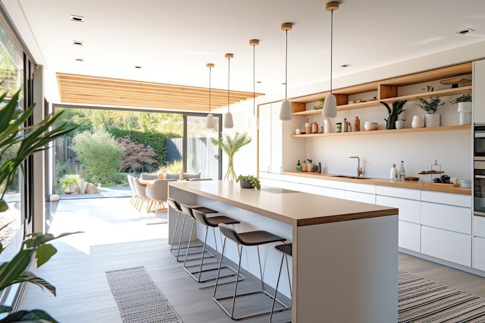 Bright modern kitchen with island, bar stools, white cabinetry, and large open sliding doors to a patio.