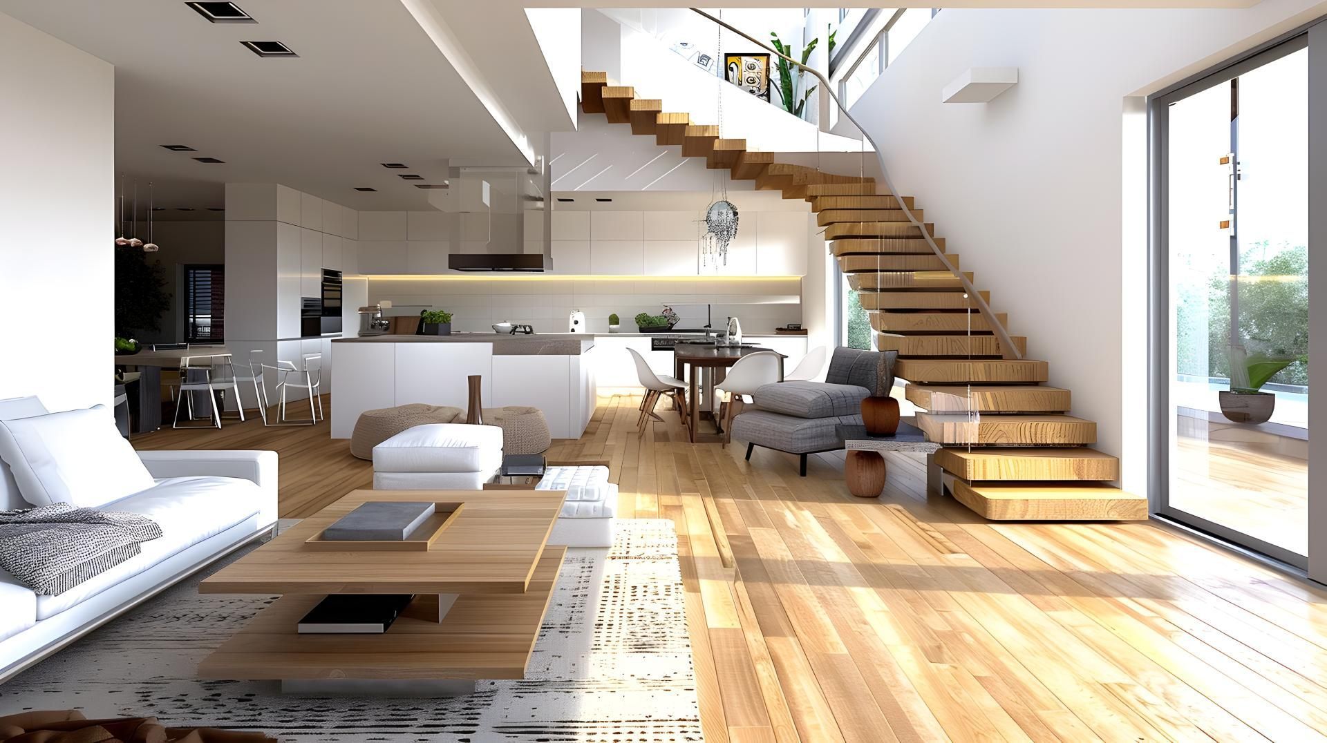 Bright modern open-plan living room with wood stairs, large windows, and sofa area