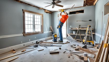 A man is working on the ceiling of a room.