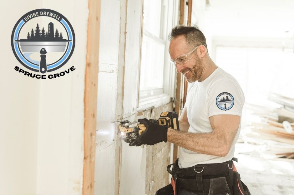 A drywall repair handyman wearing safety glasses, black gloves, and a tool belt uses a yellow oscillating multi-tool to cut into a white drywall surface inside a bright residential room under renovation. Exposed wood framing and construction debris are visible near Sunset Blvd, and Sable Crescent, St. Albert, AB.
