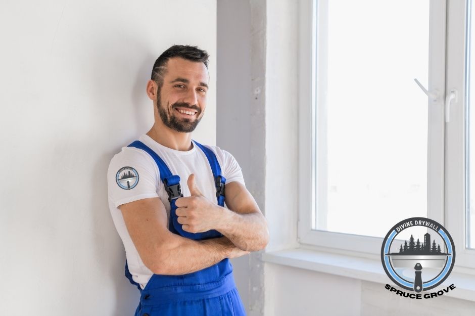 A drywall repair technician in a white t-shirt and blue overalls is smiling while leaning against a white wall and giving a thumbs-up gesture beside a bright window, showing confidence and satisfaction with the residential project. Located near 53037 Range Rd 221A, and Range Rd 221A, Ardrossan, AB.