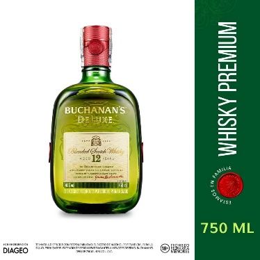 Botella de whisky escocés mezclado Buchanan's Deluxe de 12 años, 750 ml, etiqueta verde y dorada.