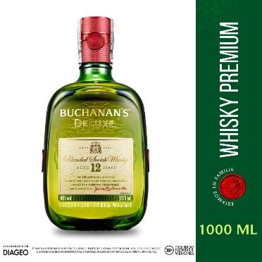 Whisky escocés mezclado Buchanan's Deluxe de 12 años en una botella de vidrio verde con sello de cera roja. 1000 ml.