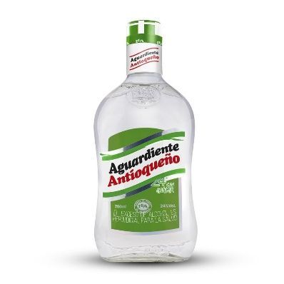 Botella de licor Aguardiente Antioqueño con etiqueta verde y blanca.