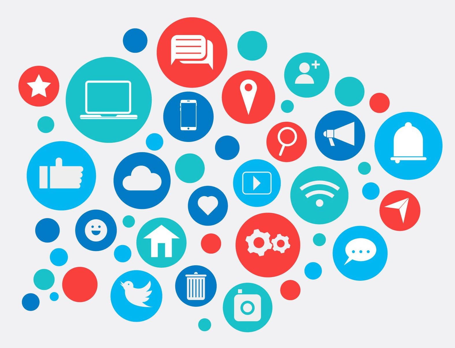 Un tas d'icônes de médias sociaux dans des cercles sur fond blanc.