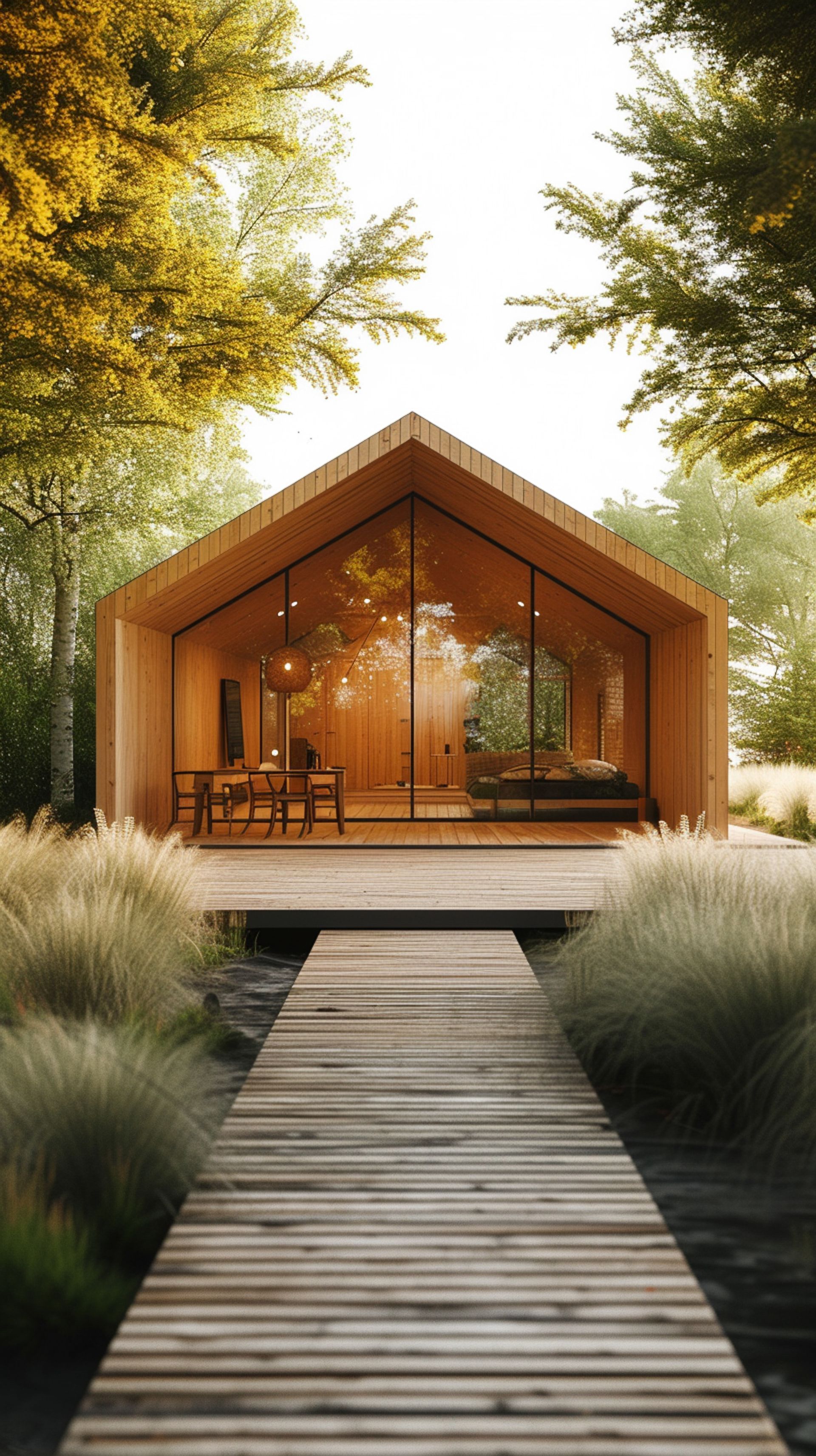 Une maison en bois avec un quai menant à elle au milieu d'une forêt.