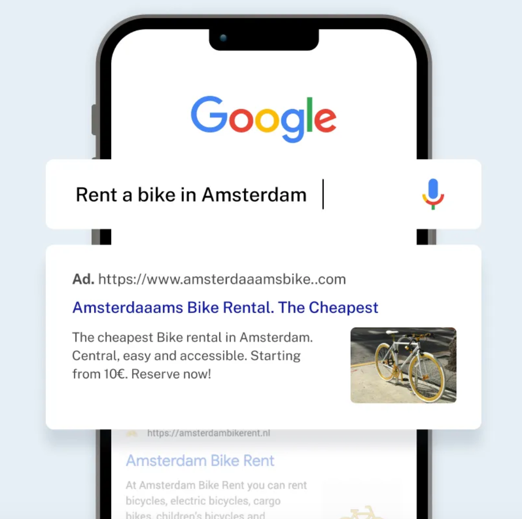 Une recherche Google pour louer un vélo à Amsterdam