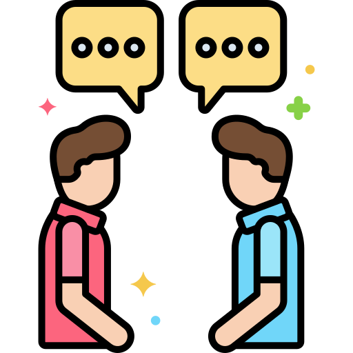 Deux hommes se parlent avec des bulles de dialogue.