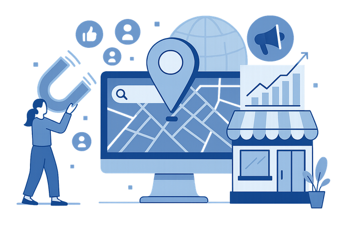 Une femme tenant un aimant attirant les icônes des réseaux sociaux vers une carte et une entreprise locale.