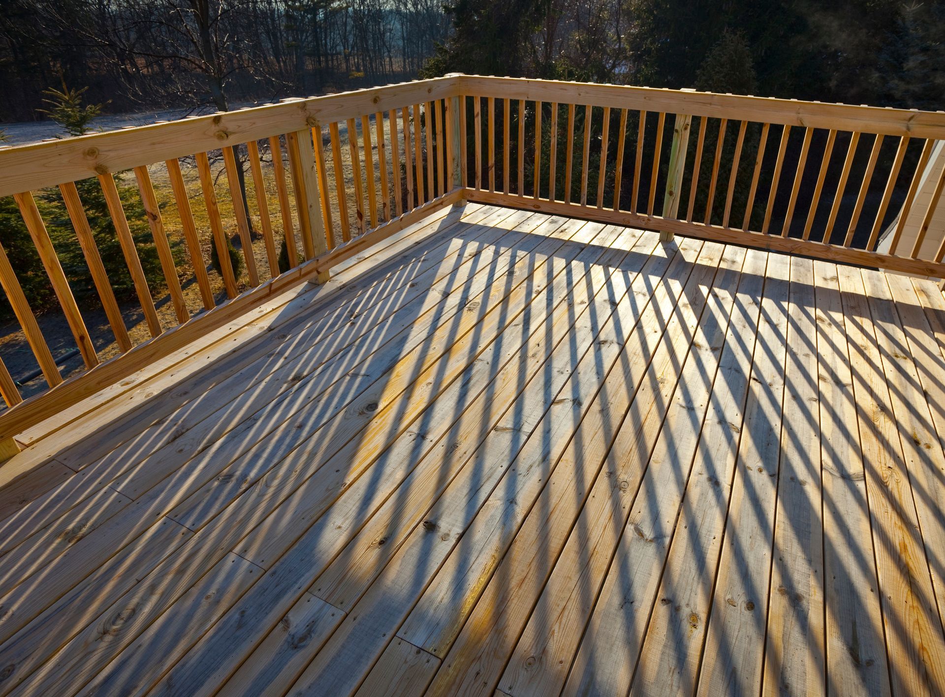 New Pine Wood Stock Lumber Patio Deck Building, Railing, Shadow | Essex Fells Nj 
