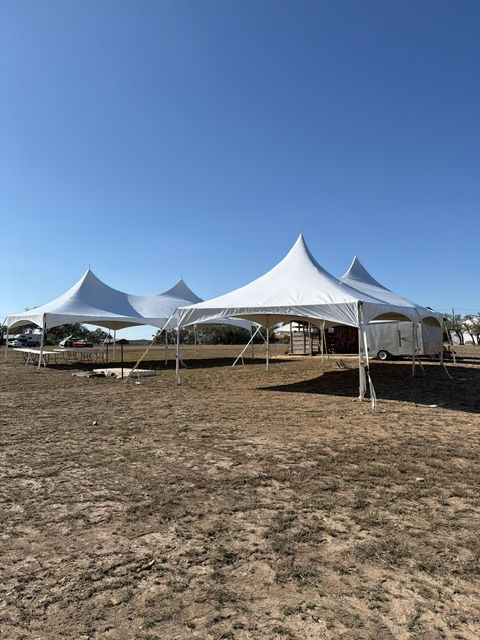 Two large white peaked event tents set up on a dry, grassy field under a clear blue sky.