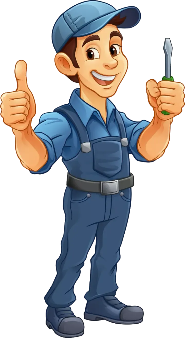 A cartoon mechanic is holding a screwdriver and giving a thumbs up.