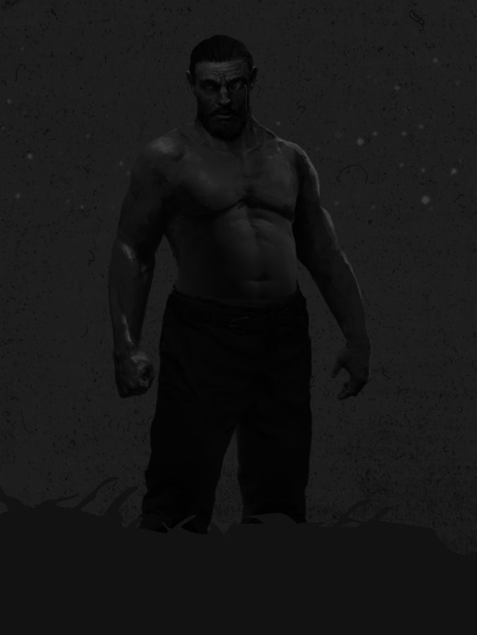 A shirtless, muscular figure stands in a dark, moody environment with faint particles scattered against the background.