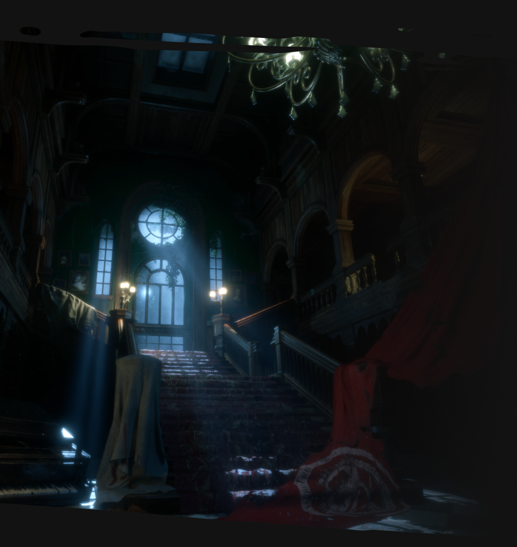 A dark, gothic staircase hall illuminated by moonlight streaming through a large window, featuring a grand chandelier.