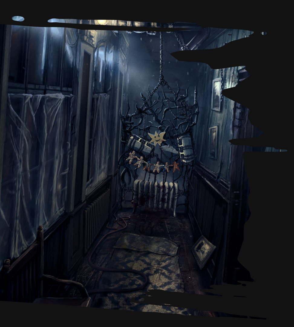 A dark, moody hallway with a hanging, skeletal swing decorated with autumn leaves and glowing geometric shapes.