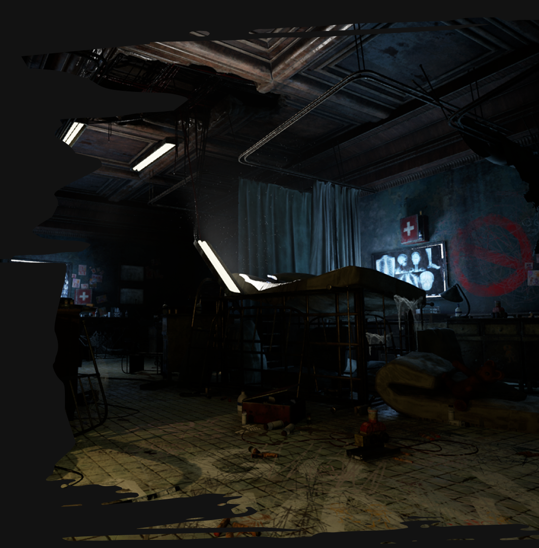 A dark, dimly lit room with a makeshift bed, hanging fabrics, and a red symbol painted on a textured wall.