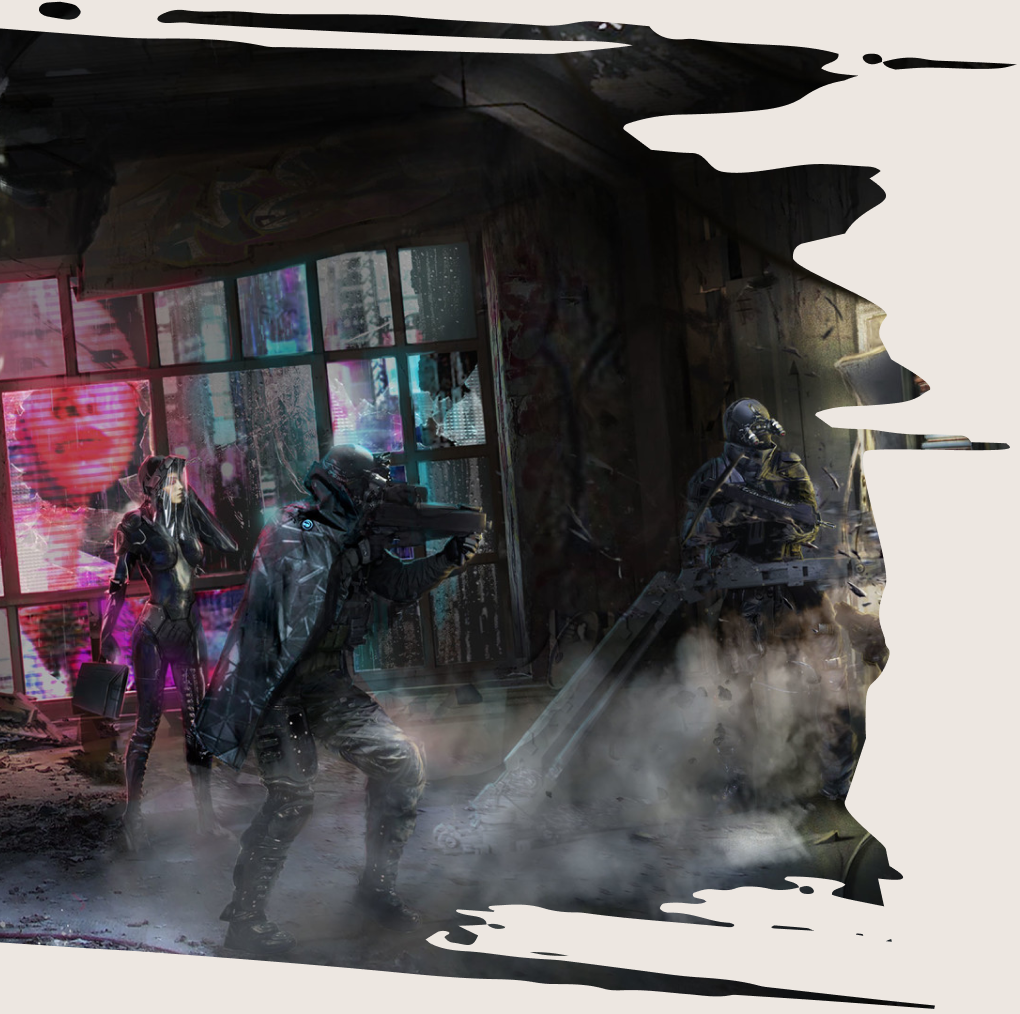 Three armed figures in tactical gear advance through a dark, smoke-filled city alleyway with a glowing neon sign behind.