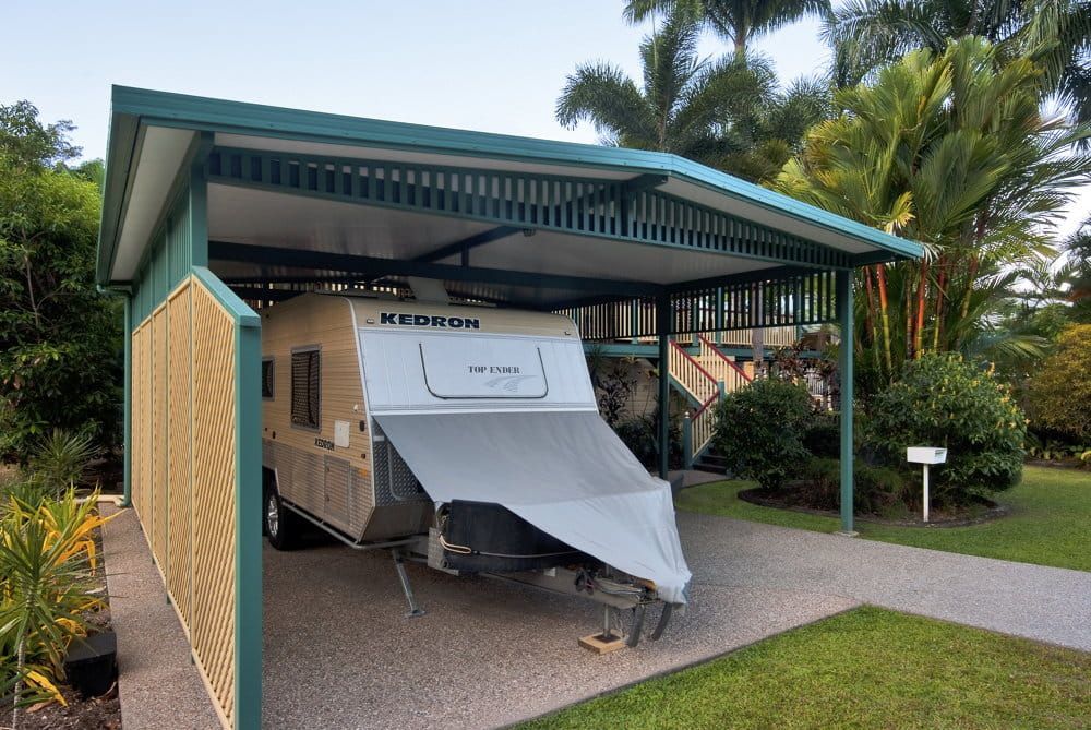 A Caravan Is Parked Under a Carport — A & B Lattice World & Patios in Northern Beaches, QLD