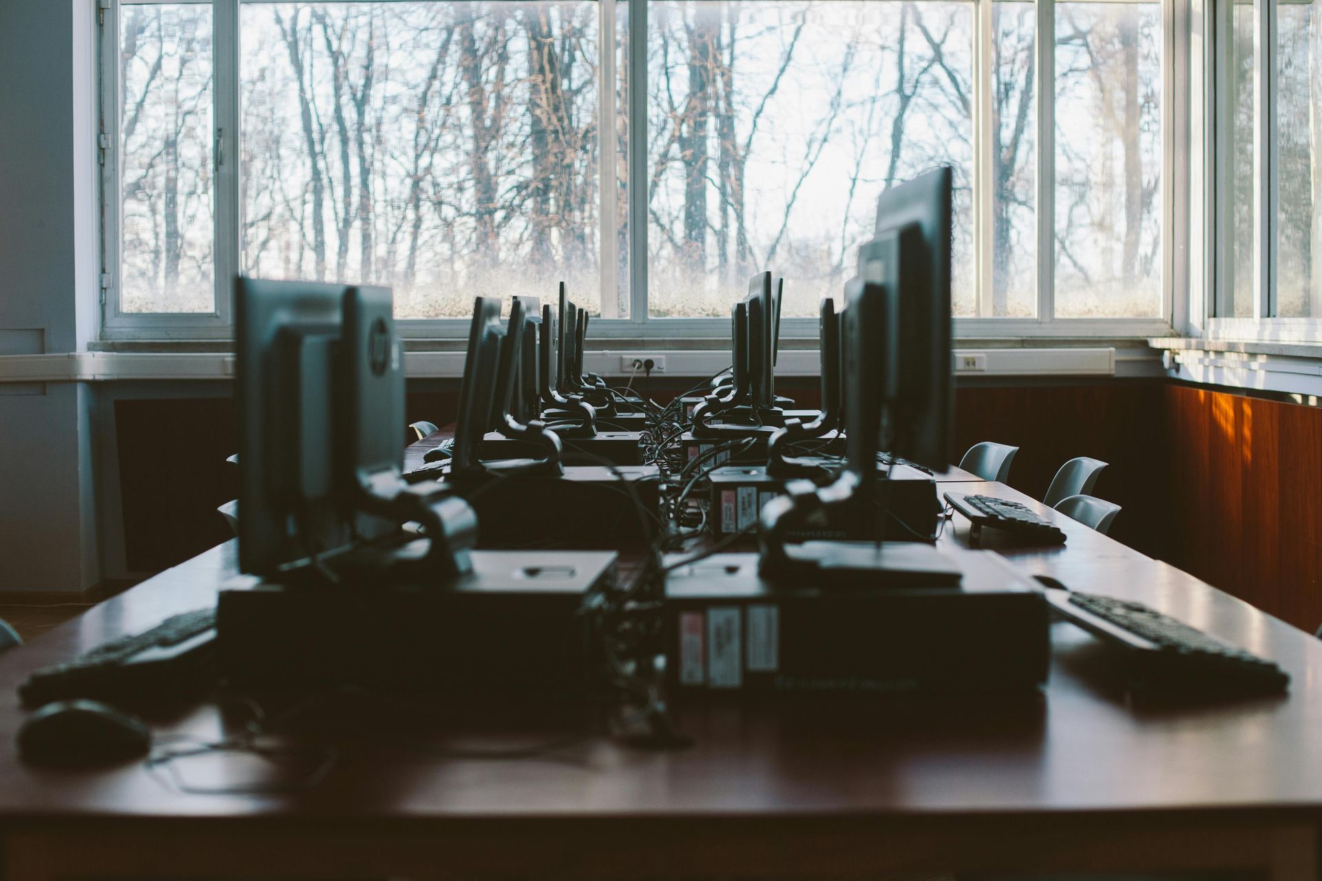 Computer lab with rows of monitors and keyboards facing a window, trees visible outside.