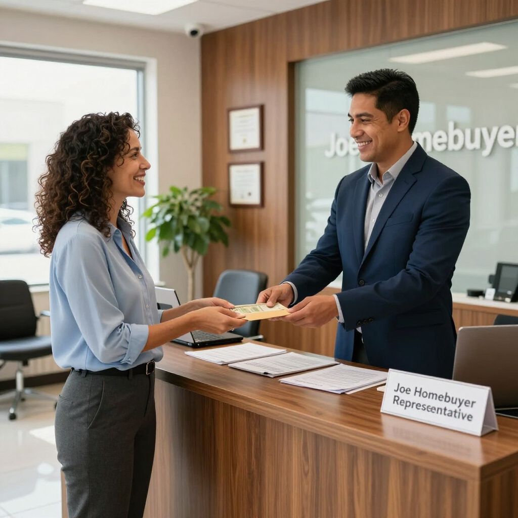 man handing lady something