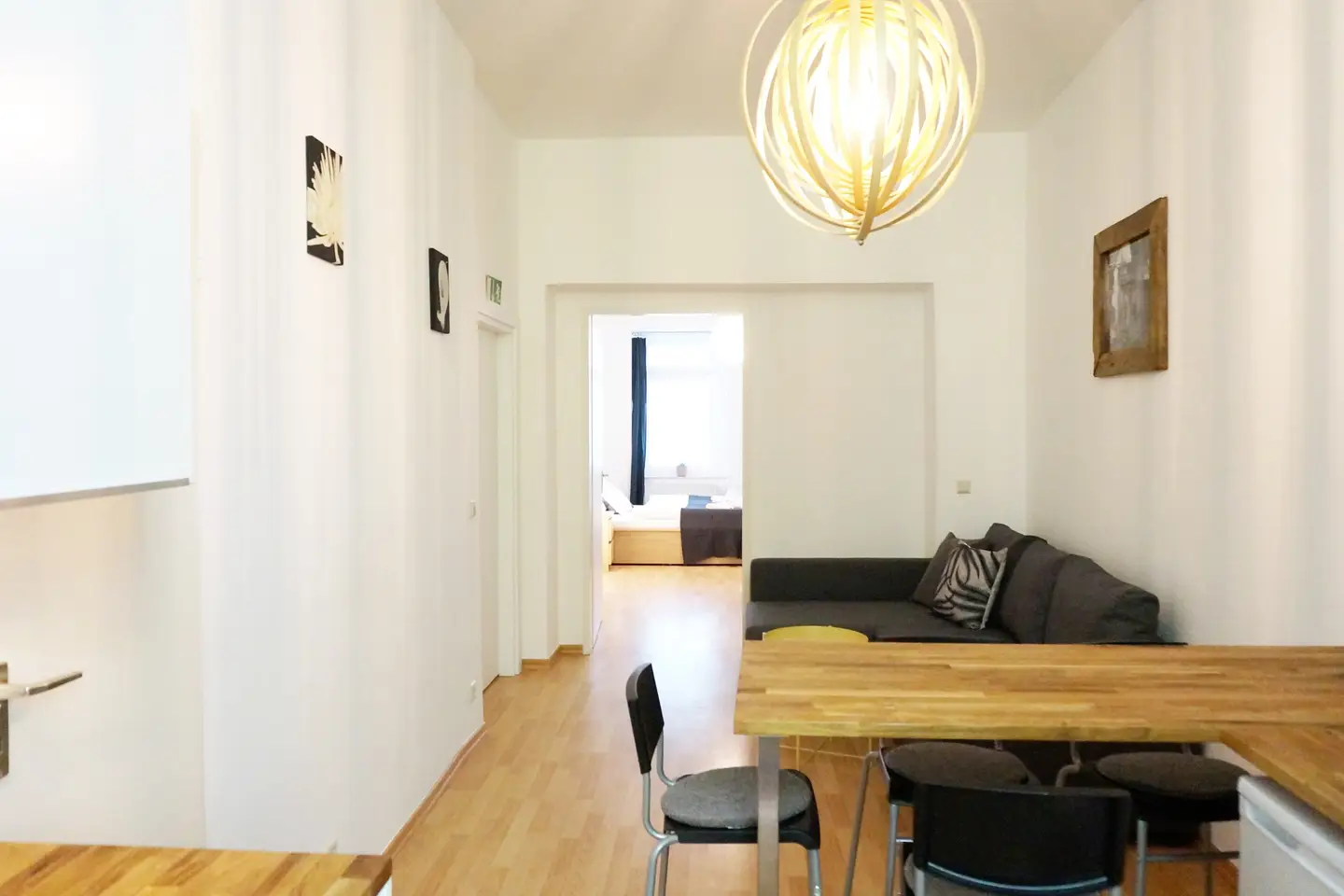 Kitchen living room area with view to the bedroom of our holiday let in Prenzlauer Berg