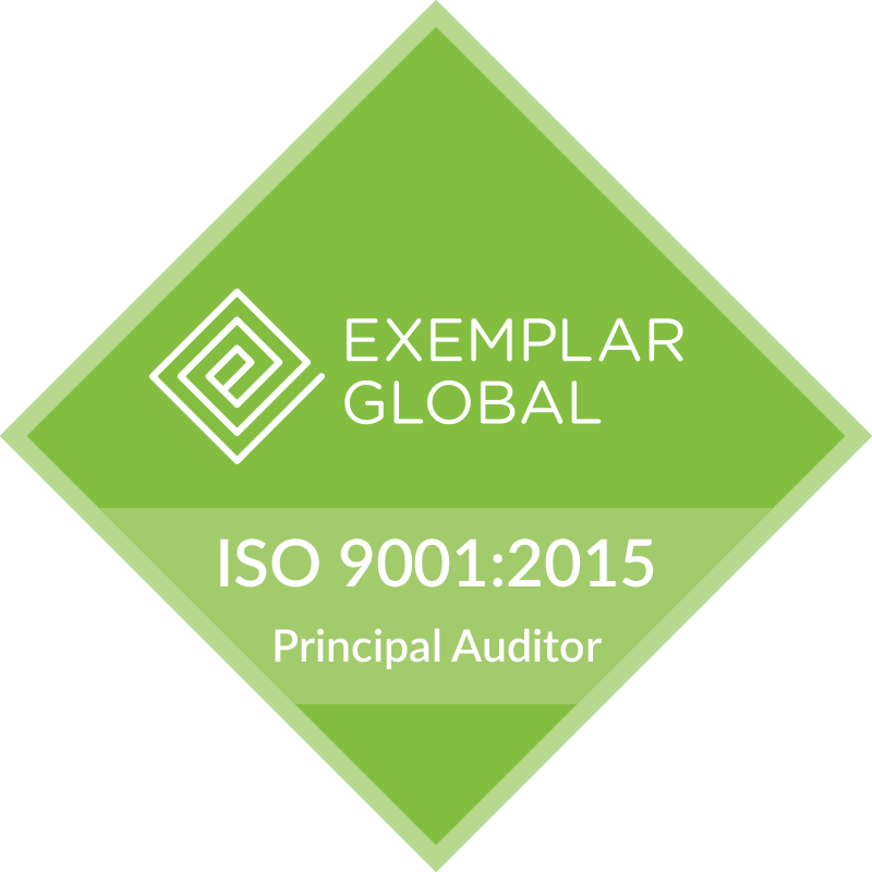 A green diamond that says exemplar global iso 9001 2015 principal auditor