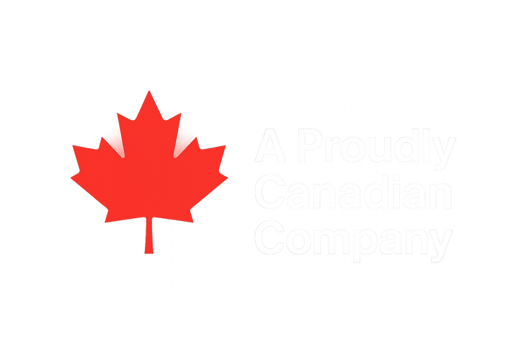 Red maple leaf next to white text that says 