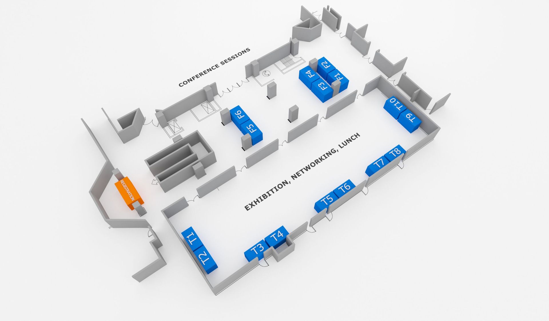 Floor plan of a room with blue and orange objects labeled 