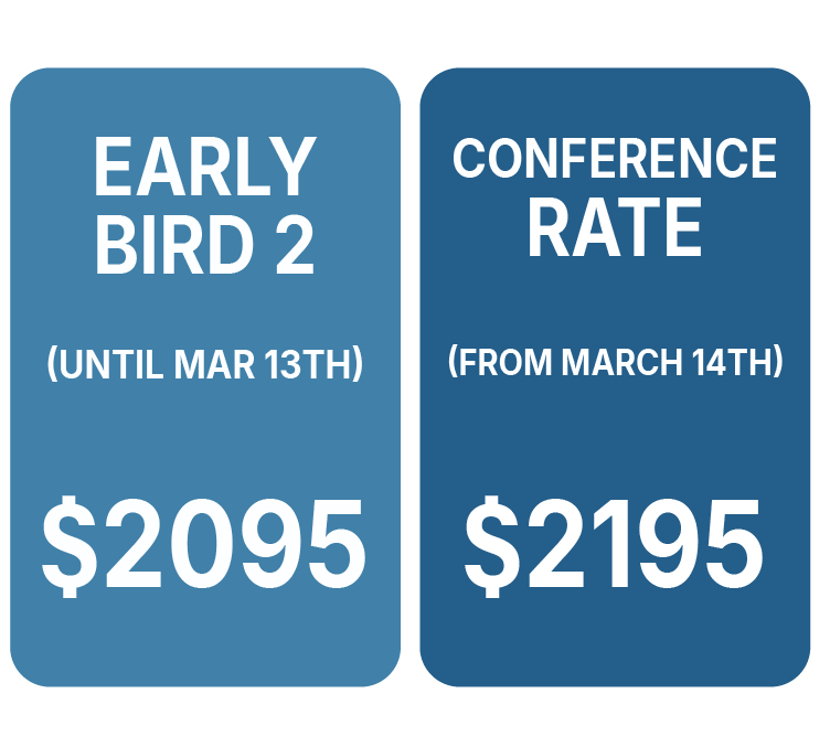 Price schedule: launch price $1895, Early Bird 1 $1995, Early Bird 2 $2095, conference rate $2195.