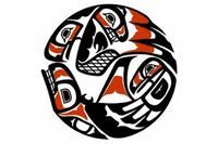 Circular Native American artwork with red, black, and white stylized bird figures.