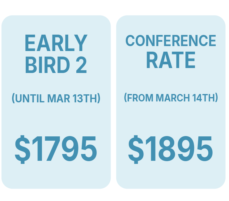 Pricing tiers for a conference: Launch price $1595, Early Bird 1 $1695, Early Bird 2 $1795, Conference rate $1895.