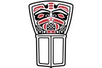 Totem-like design with a red and black stylized face atop two white rectangles.