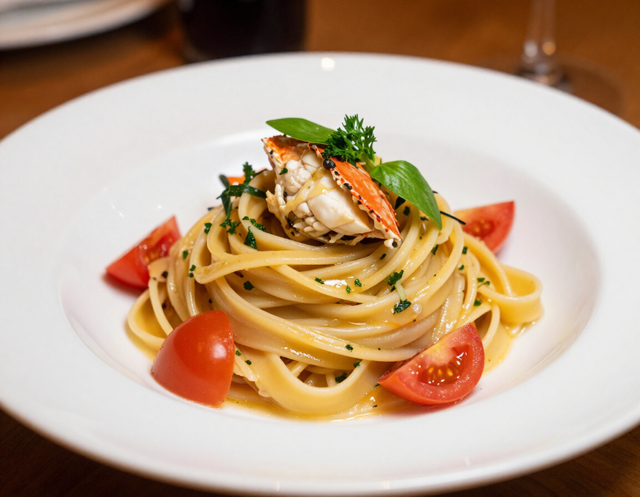 Chef che impiatta un piatto di mare fresco in cucina a vista.