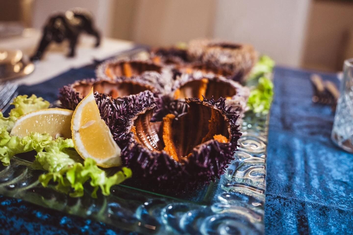 Ricci di mare freschi serviti su un piatto di vetro con spicchi di limone e lattuga, su una tovaglia blu.