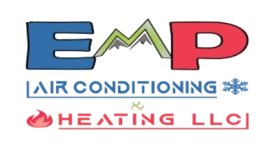 Logo for EMP Air Conditioning & Heating LLC with a mountain graphic, a snowflake icon, and a flame icon.