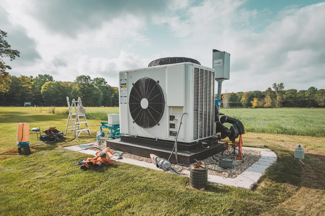 An experienced technician diligently repairing a heat pump unit, wearing protective gloves and using specialized tools to diagnose and fix the equipment.