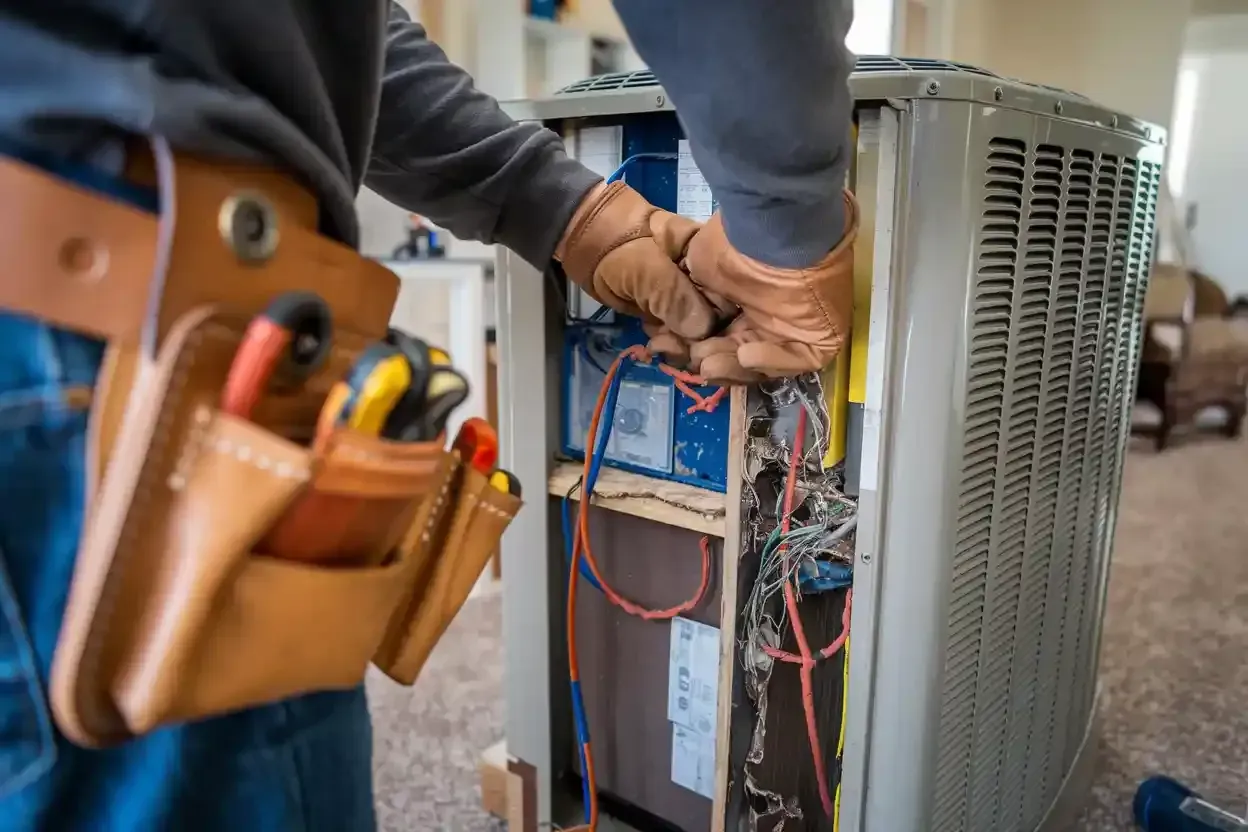 An experienced technician diligently repairing a heat pump unit, wearing protective gloves and using specialized tools to diagnose and fix the equipment.