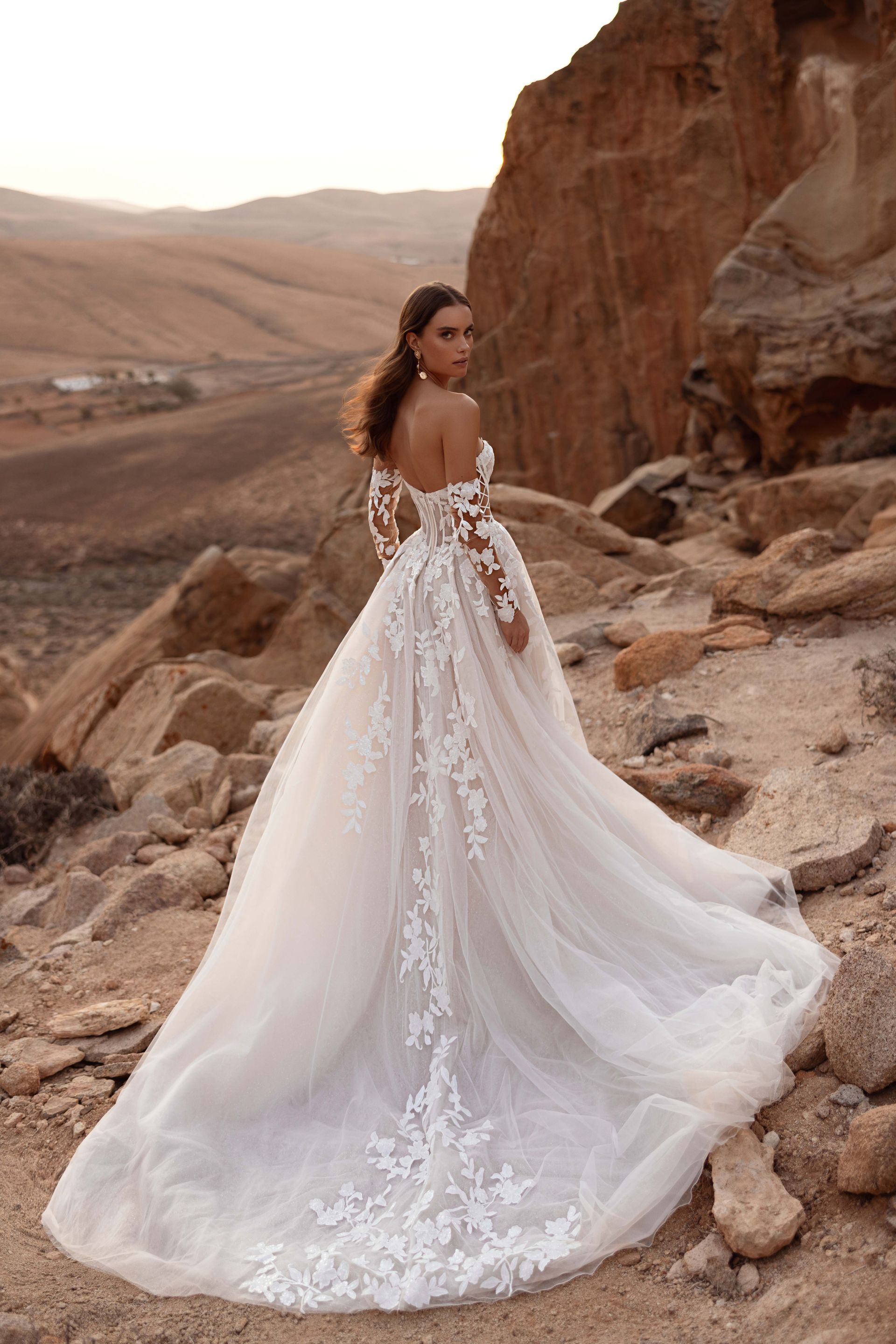 Frau im weißen Brautkleid, blickt zurück. Stehend auf felsigem Gelände mit Wüstenhintergrund.