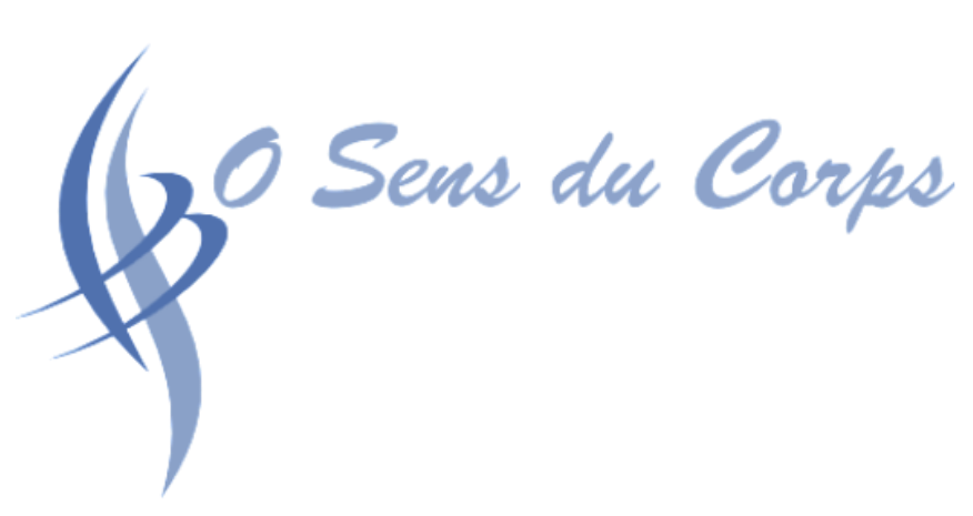 Logo : motif abstrait bleu, texte « O Sens du Corps » en bleu clair, police sans empattement.