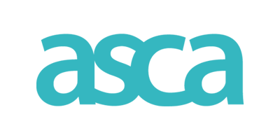 Logo ASCA en turquoise sur fond blanc.